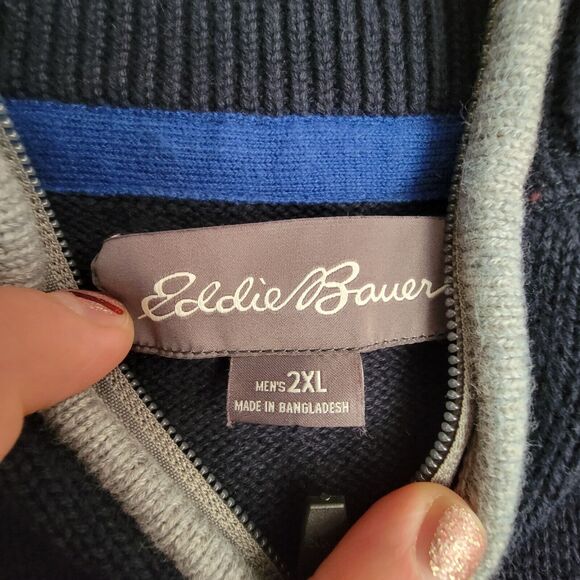 Eddie Bauer 2XL Sweater Navy Stripe Quarter Zip Mock Neck Warm Winter Casual - Picture 5 of 5